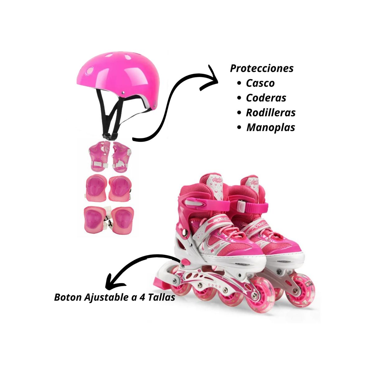 GENERICO - Patines en Linea mas Protección Rosados Talla M 33-36