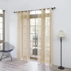 GENERICO - Cortina Velo Visillo Bordado 140 x 230 cm 2 Paños - Dorado Lineas D2