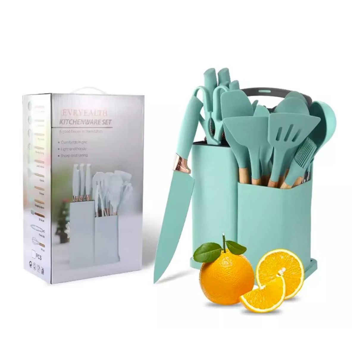 GENERICO - SET 19 UTENSILIOS DE COCINA SILICONA VERDE AGUA