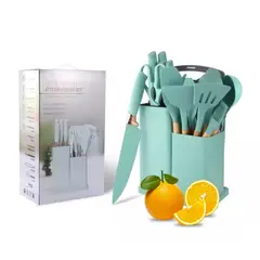 GENERICO - SET 19 UTENSILIOS DE COCINA SILICONA VERDE AGUA