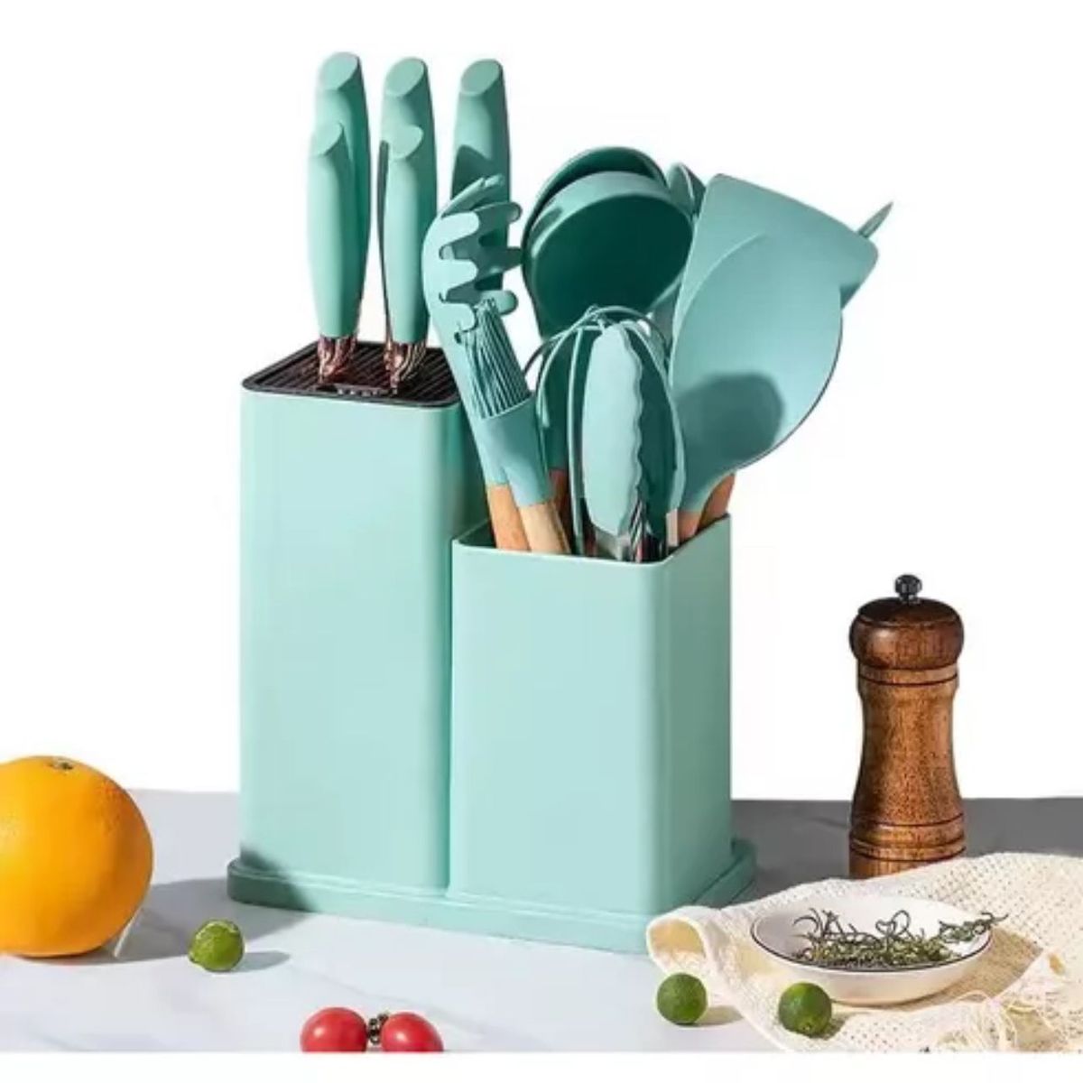 GENERICO - SET 19 UTENSILIOS DE COCINA SILICONA VERDE AGUA
