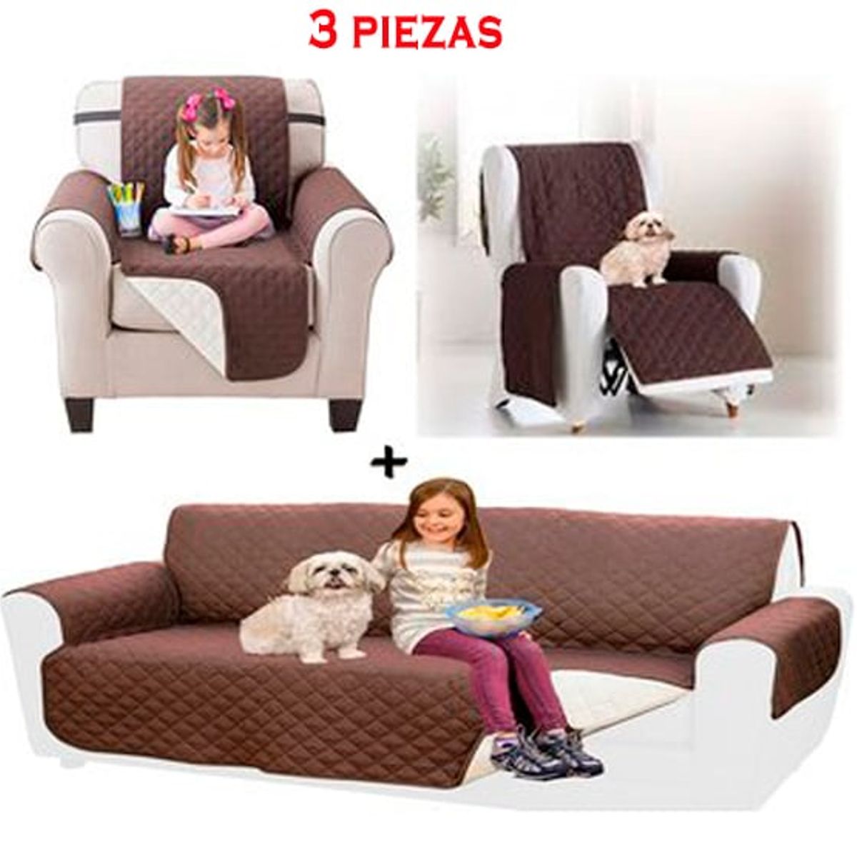 DEWINNER - set 3 fundas cubre sillon sofa reversible café