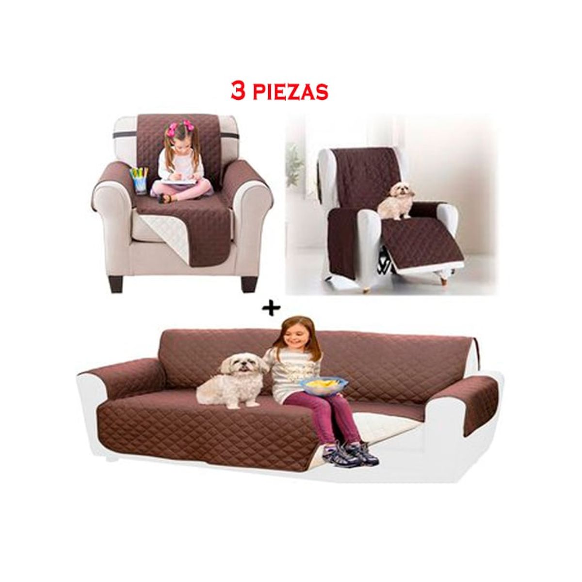 DEWINNER - set 3 fundas cubre sillon sofa reversible café