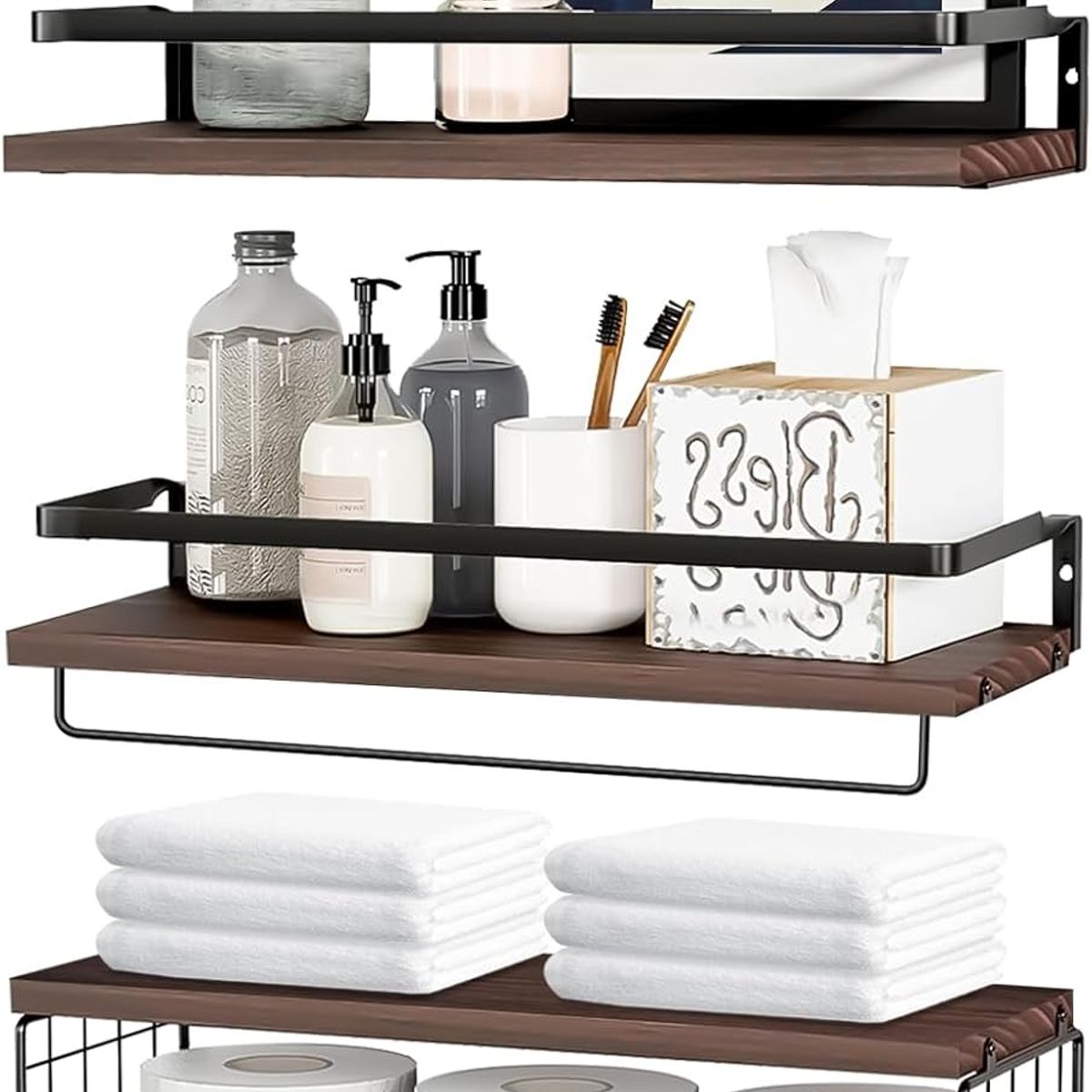 KUANGYE - 3 Repisas Flotantes Estante Madera Hogar Mueble Con Canasta