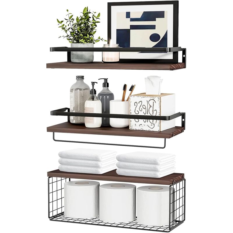 KUANGYE - 3 Repisas Flotantes Estante Madera Hogar Mueble Con Canasta