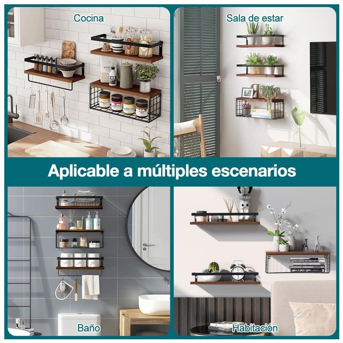 KUANGYE - 3 Repisas Flotantes Estante Madera Hogar Mueble Con Canasta