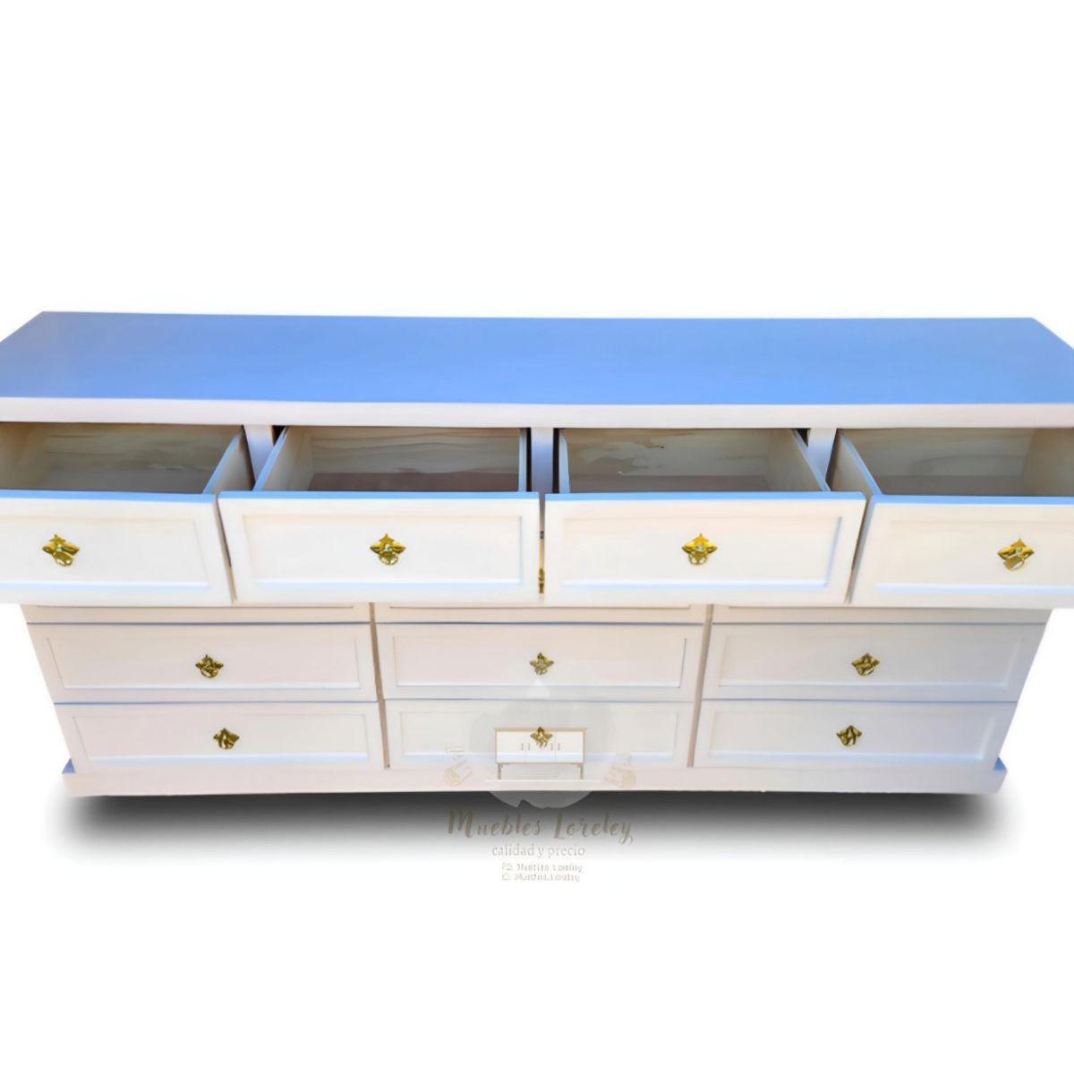 RUSTIC STYLE - GRAN CÓMODA MADERA DE 13 CAJONES DE 2 METROS BLANCA Y DORADO