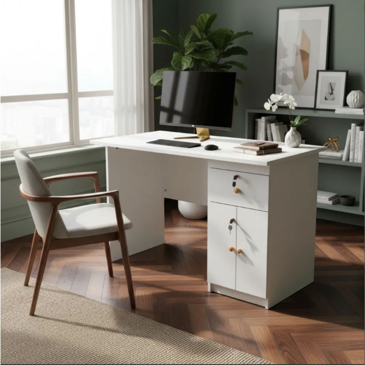 GENERICO - Escritorio blanco 120 cm Funcional armado bilateral con cajones bajo llave