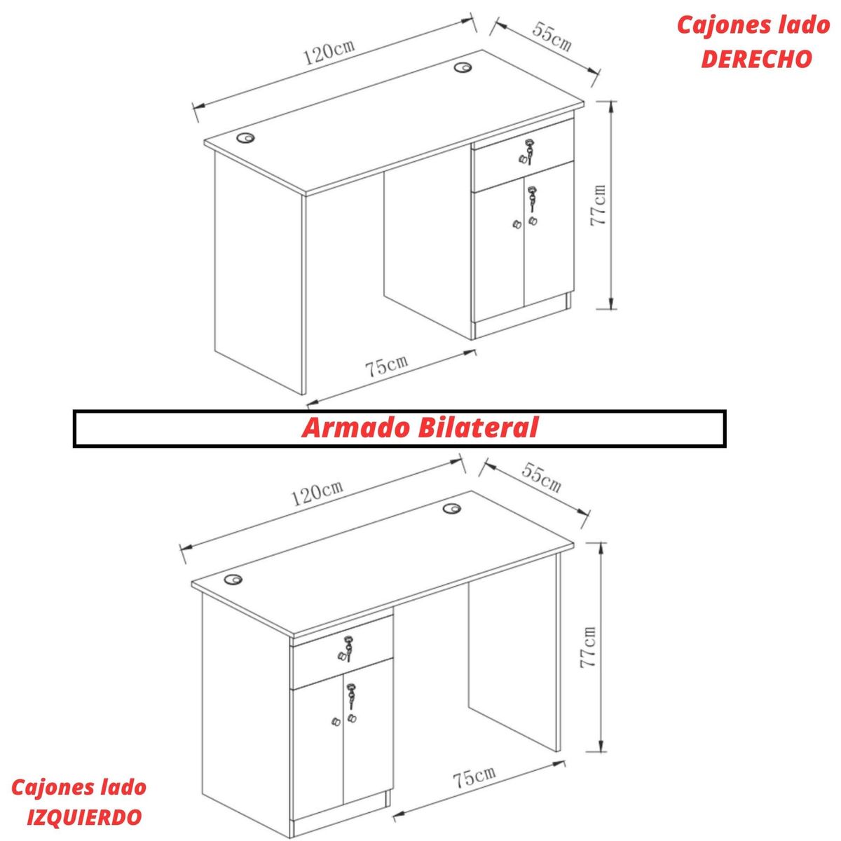 GENERICO - Escritorio blanco 120 cm Funcional armado bilateral con cajones bajo llave