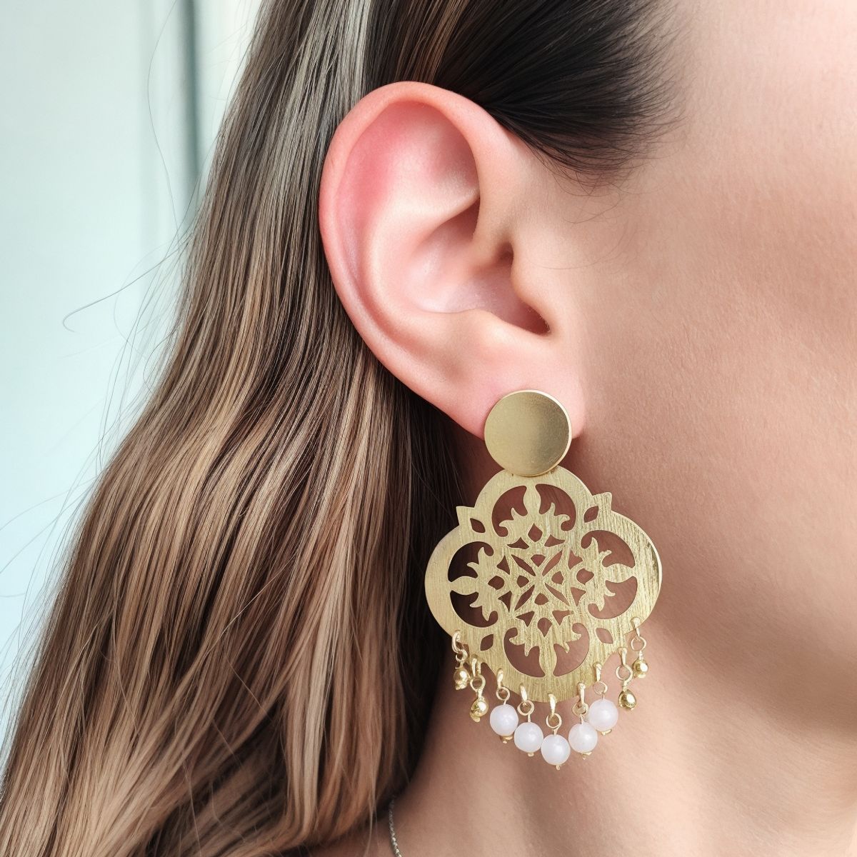 COGGIOLA - Aros Fernanda Cuarzo Rosa Colgante Enchapado Oro 18K