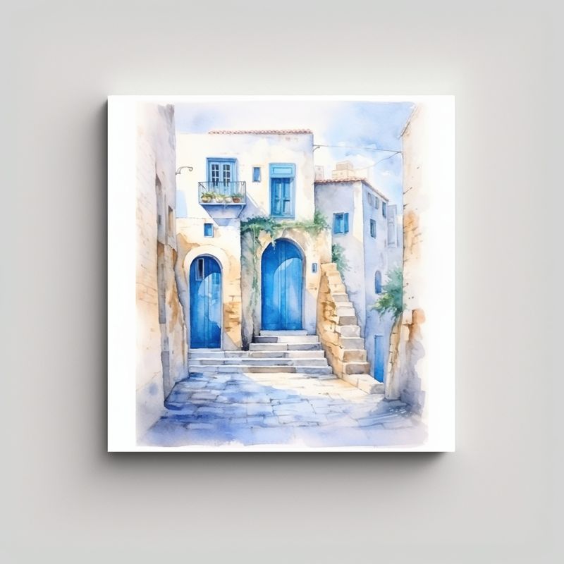 GENERICO - Pintura Acuarela De Un Pueblo Con Puertas Azules, 80x80 Cm