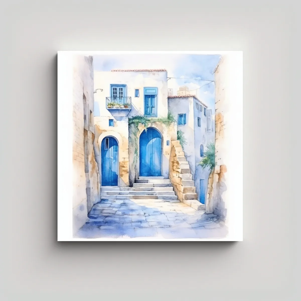GENERICO - Pintura Acuarela De Un Pueblo Con Puertas Azules, 50x50 Cm