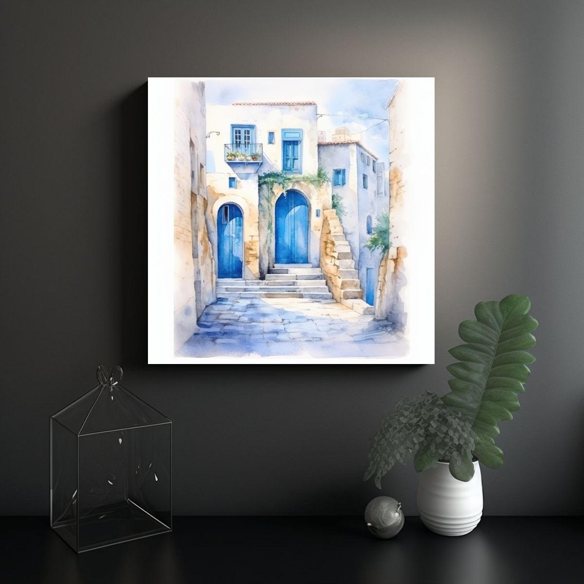 GENERICO - Pintura Acuarela De Un Pueblo Con Puertas Azules, 50x50 Cm