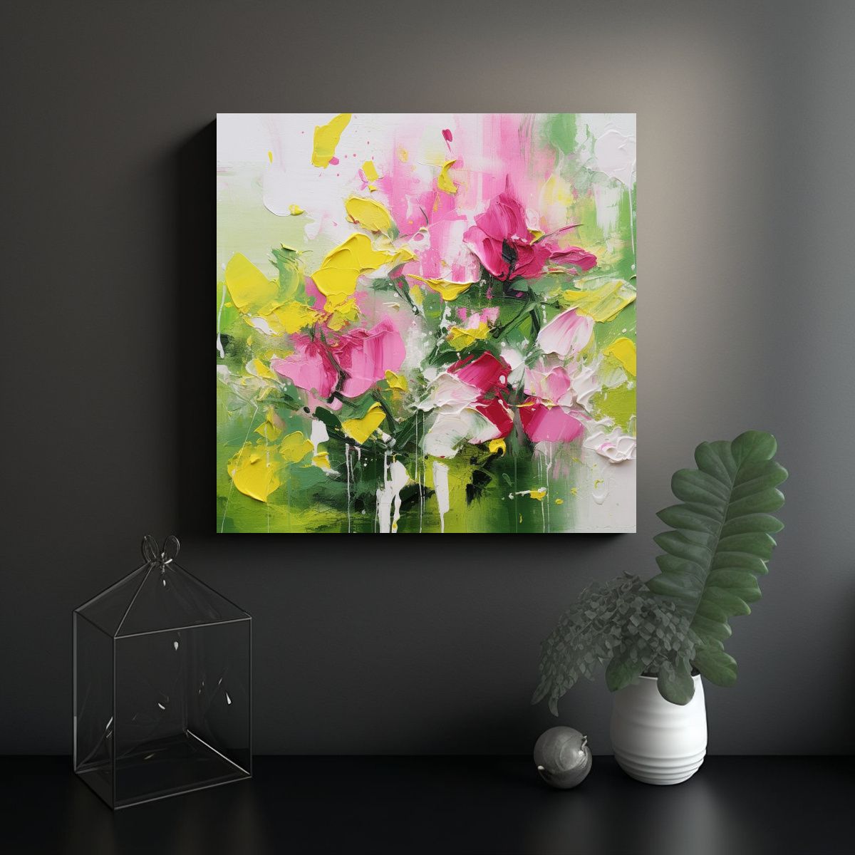 GENERICO - Pintura Abstracta Con Pintura Rosa, Verde Y 70x70 Cm
