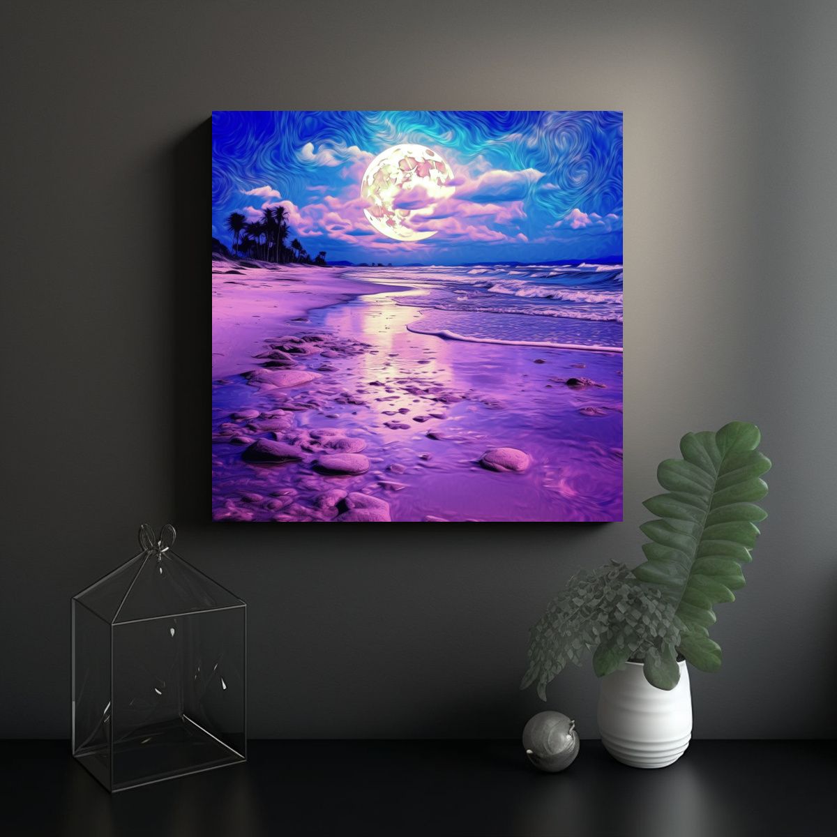 GENERICO - Cuadro Dibujo Playa Luna Púrpura Psicodélica: 90x90 Cm