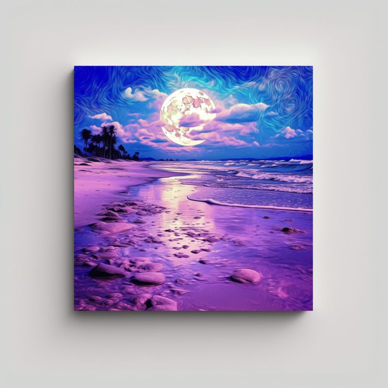 GENERICO - Cuadro Dibujo Playa Luna Púrpura Psicodélica: 70x70 Cm