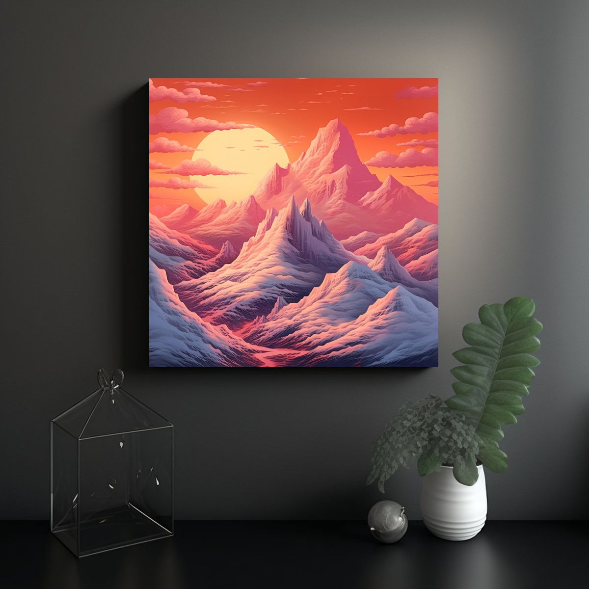 GENERICO - Pintura Decorativa: Montaña Nevada Y Atardecer 80x80 Cm