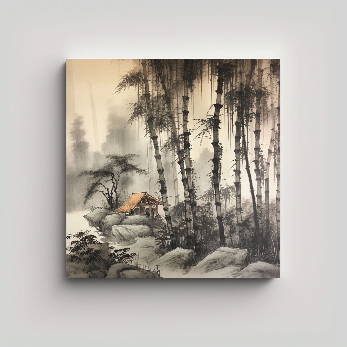 GENERICO - Pintura En Tinta De Bambú, Paisaje En Forma 50x50 Cm