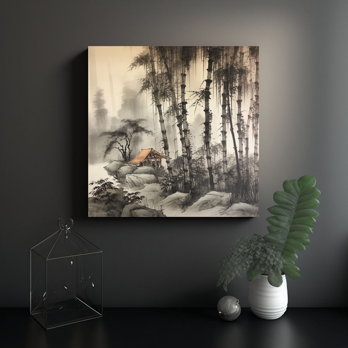 GENERICO - Pintura En Tinta De Bambú, Paisaje En Forma 50x50 Cm