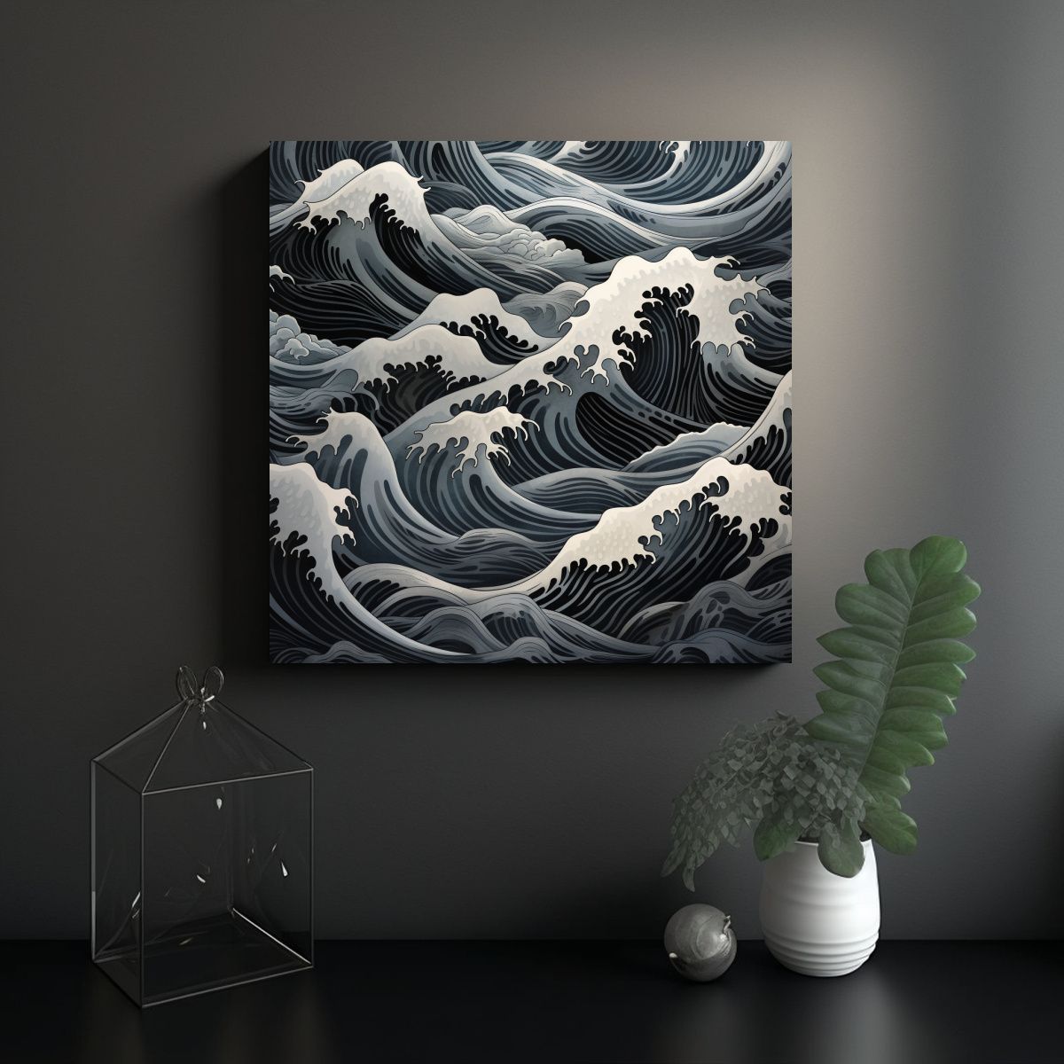 GENERICO - Cuadro Decorativo De Tela Con Ondas Negras Estilo 50x50 Cm