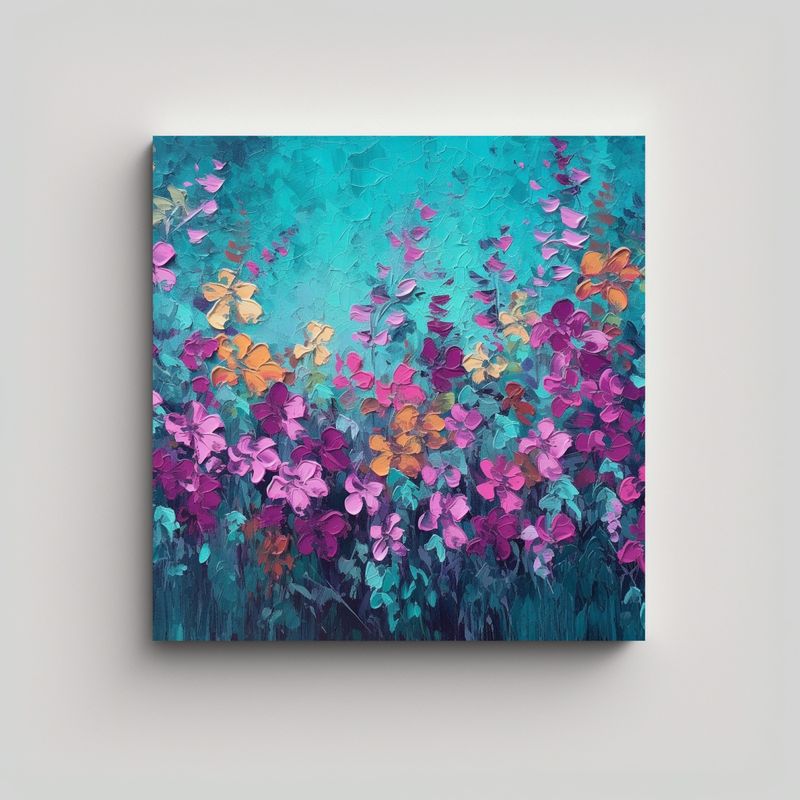 GENERICO - Cuadro Con Flores Multicolores En Fondo Morado 50x50 Cm