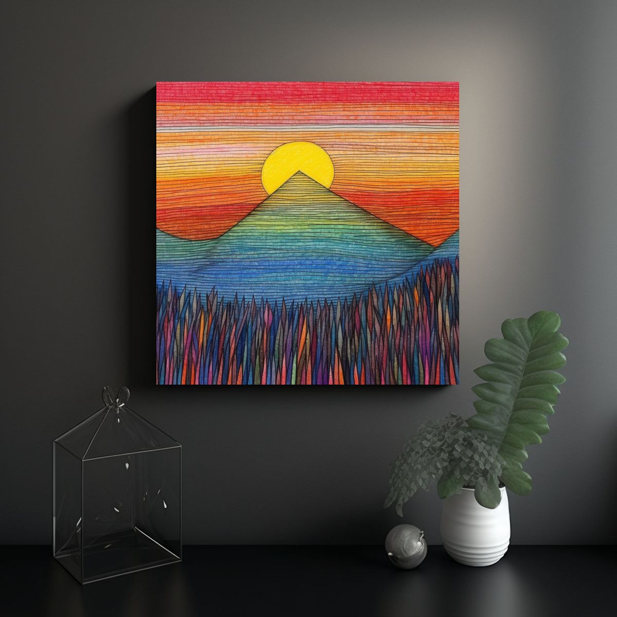 GENERICO - Pintura Niños Atardecer Dibujado A Crayón 80x80 Cm