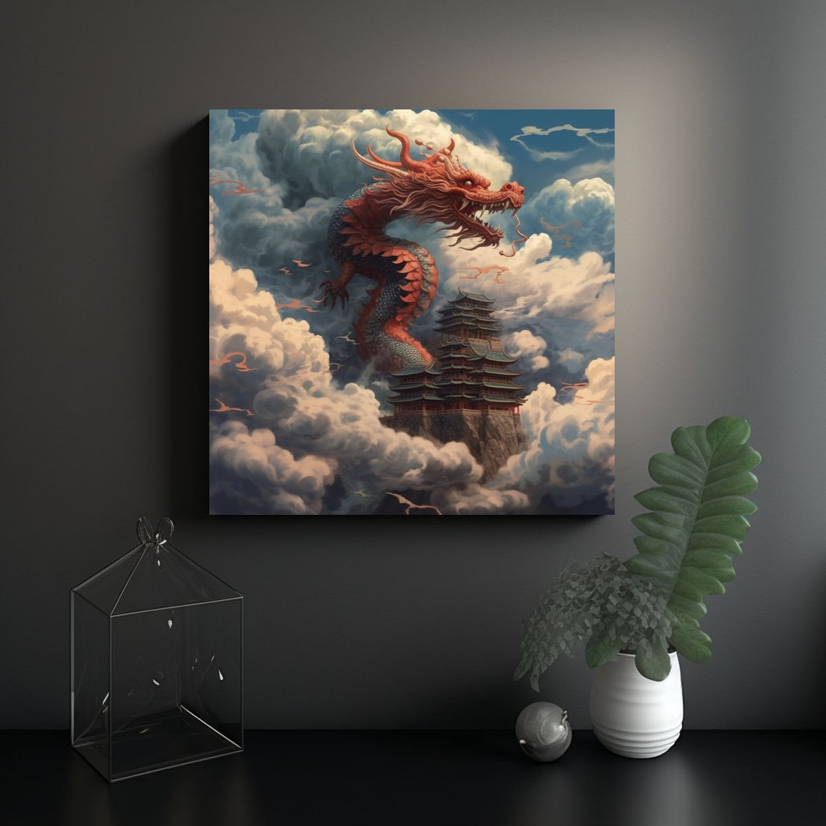 GENERICO - Pintura Decorativa: Dragón Chino Salta Entre Las 50x50 Cm