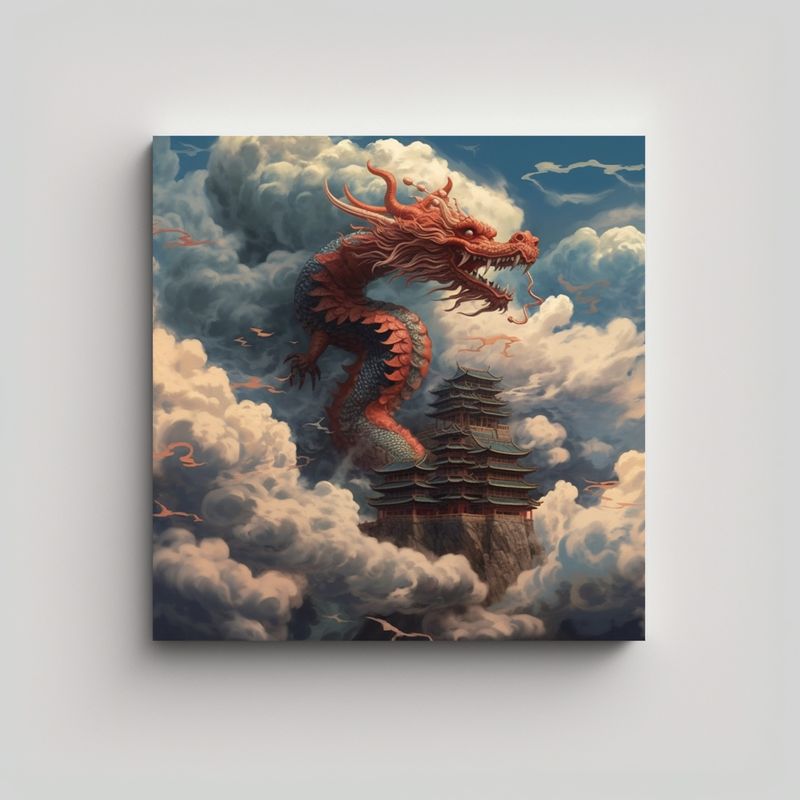 GENERICO - Pintura Decorativa: Dragón Chino Salta Entre Las 80x80 Cm