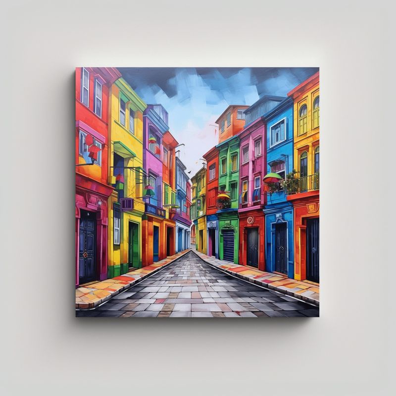 GENERICO - Cuadro Decorativo De Ciudad Con Casas Pintadas En 50x50 Cm