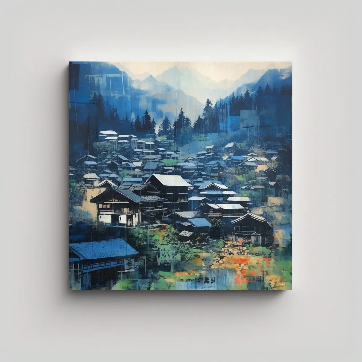 GENERICO - Pintura Collage Paisaje Shirakawago Movimiento 80x80 Cm