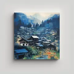 GENERICO - Pintura Collage Paisaje Shirakawago Movimiento 80x80 Cm