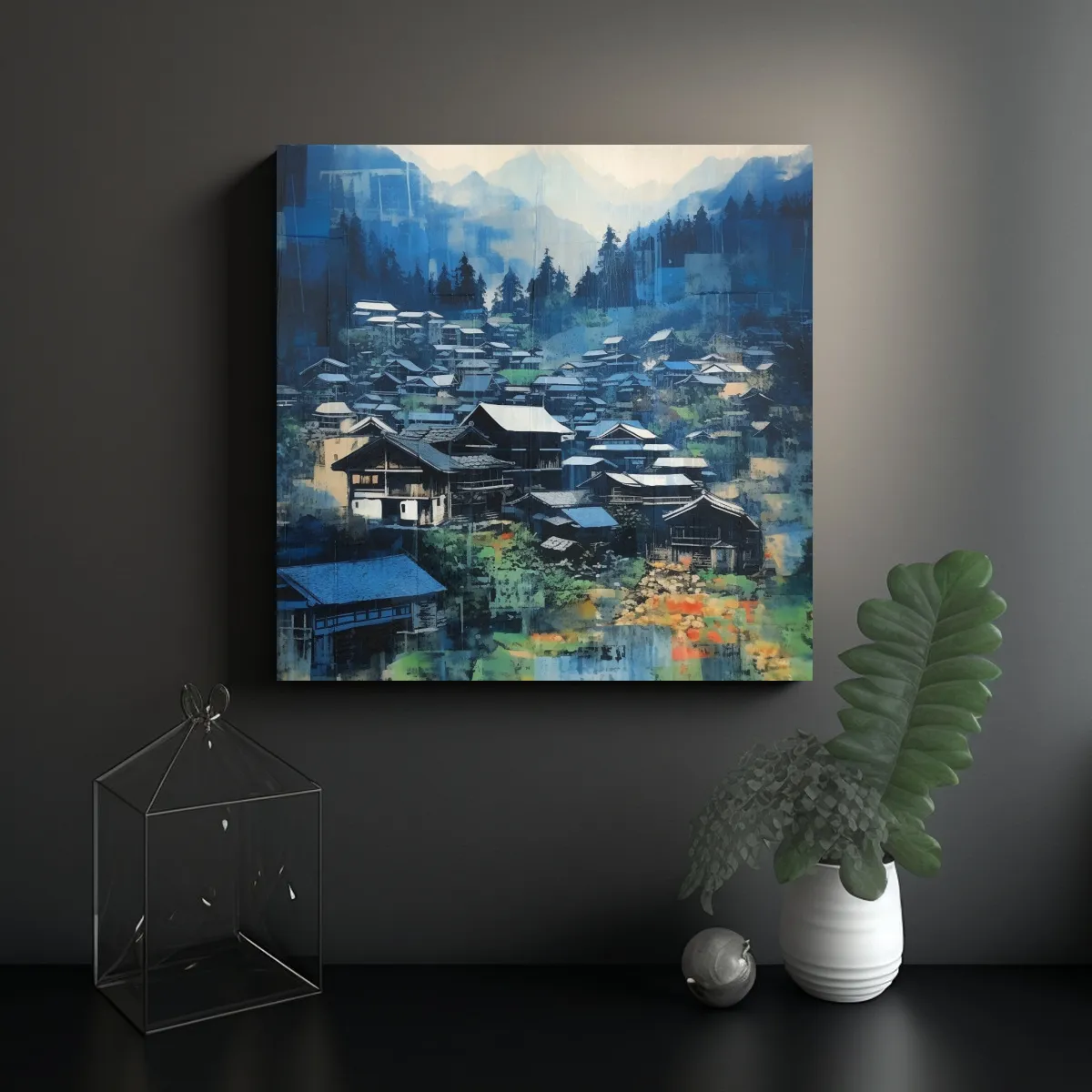 GENERICO - Pintura Collage Paisaje Shirakawago Movimiento 80x80 Cm