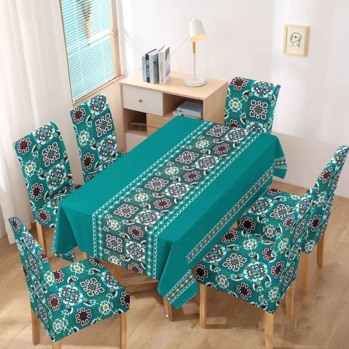 GENERICO - MANTEL GRUESO ANTIMANCHA MAS 6 FUNDAS SILLAS CON DISEÑO TURQUESA