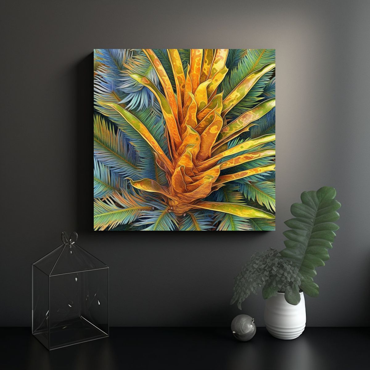 GENERICO - Cuadro Seda Cycas Revoluta Y Acuarela Interior 70x70 Cm