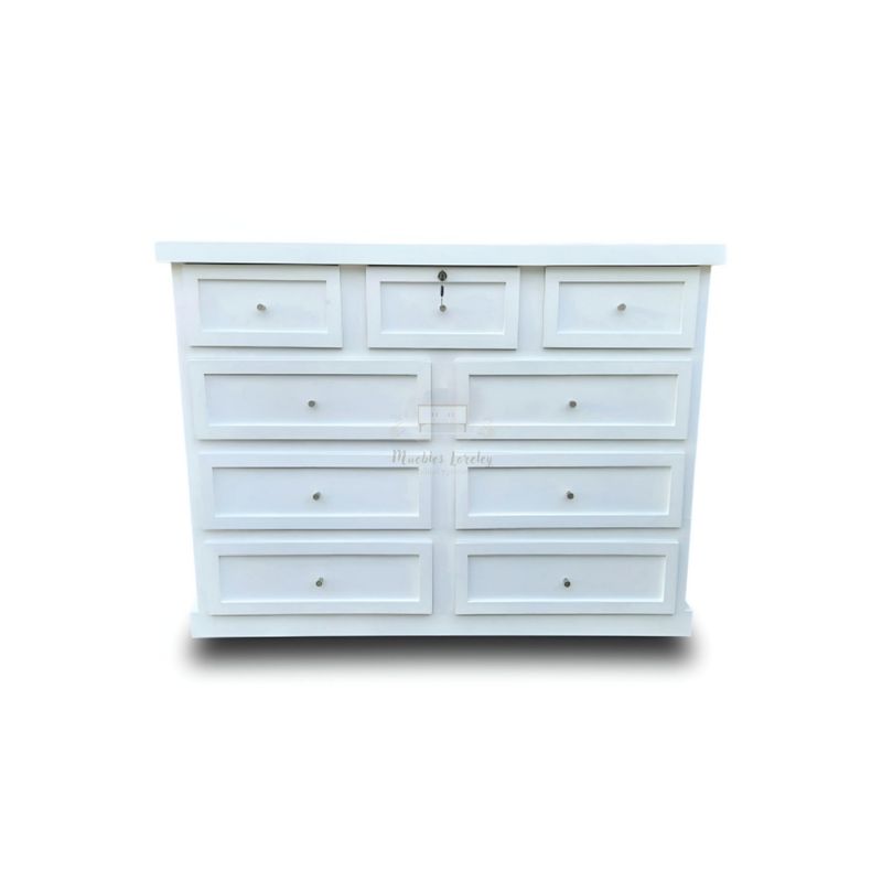 RUSTIC STYLE - COMODA LÚMINA DE MADERA 9 CAJONES BLANCA + CHAPA DE SEGURIDAD