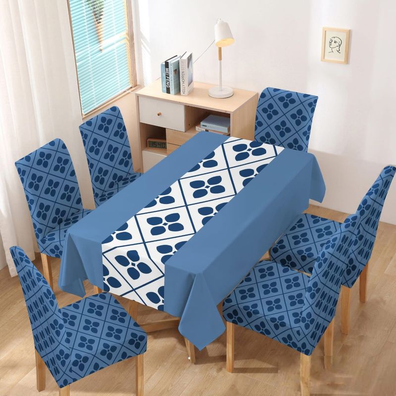 GENERICO - MANTEL GRUESO ANTIMANCHA MAS 6 FUNDAS SILLAS DISEÑO AZUL FLOR