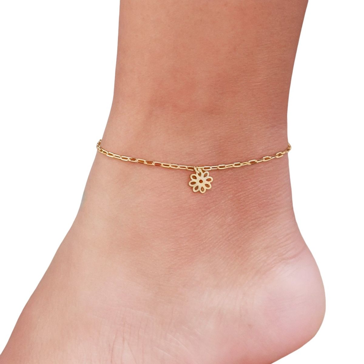 COGGIOLA - Tobillera Eslabón Flor Calada Enchapado Oro 18K
