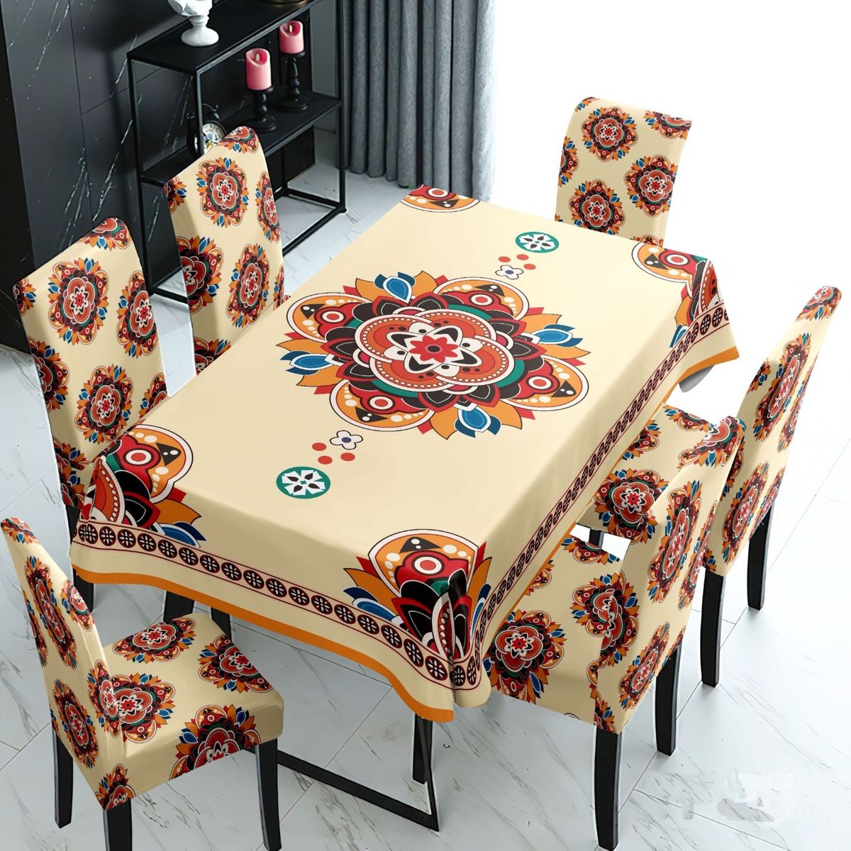 GENERICO - MANTEL GRUESO ANTIMANCHA MAS 6 FUNDAS SILLAS DISEÑO MANDADA BEIGE