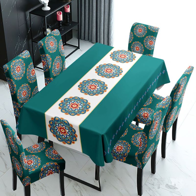 GENERICO - MANTEL GRUESO ANTIMANCHA MAS 6 FUNDAS SILLAS DISEÑO TURQUESA MANDADA