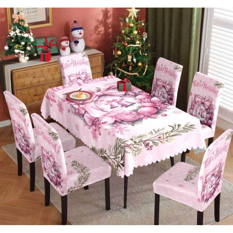 GENERICO - SET DE MANTEL MAS 6 FUNDA SILLAS ROSADAS DISEÑO NAVIDEÑO CAMPANAS MP