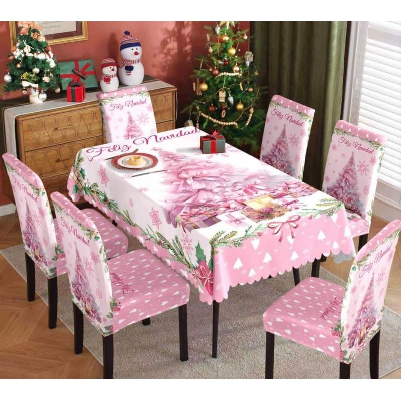 GENERICO - SET DE MANTEL MAS 6 FUNDA SILLAS ROSADAS DISEÑO NAVIDEÑO ARBOL MP