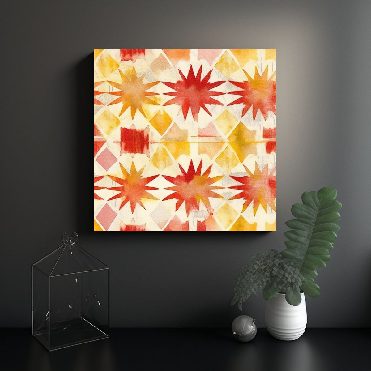 GENERICO - Cuadro Minimalista Patrón Mosaico Boho Rojo 50x50 Cm