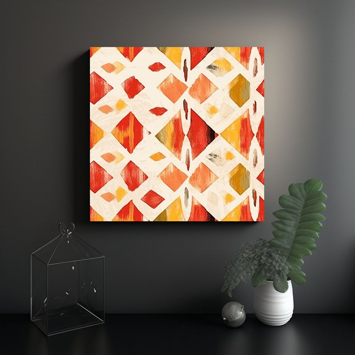 GENERICO - Cuadro Mosaico Boho En Rojo, Marfil Y Amarillo 90x90 Cm