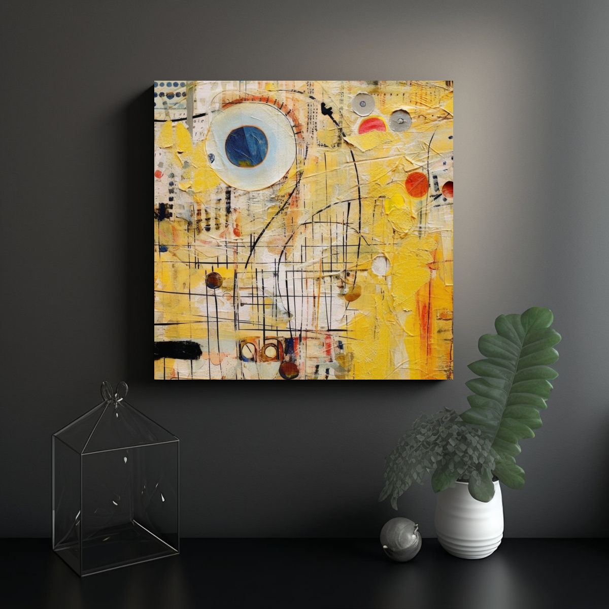 GENERICO - Pintura Abstracta De Collage Con Líneas Finas En 60x60 Cm