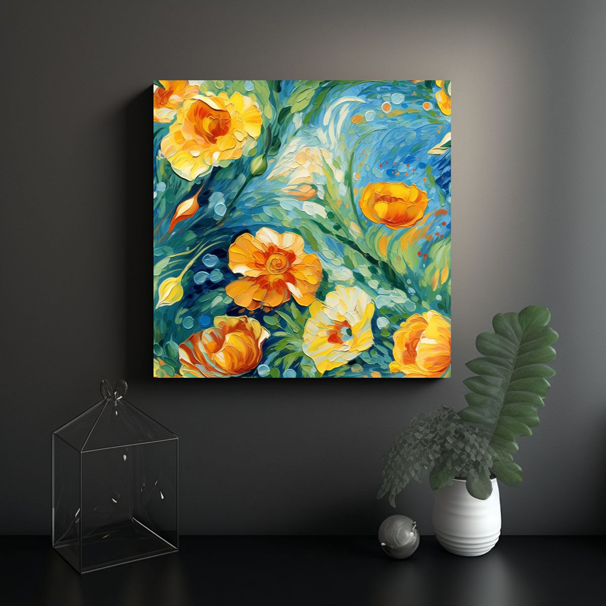 GENERICO - Cuadro Patron Intenso Flores Al Estilo De Van 50x50 Cm