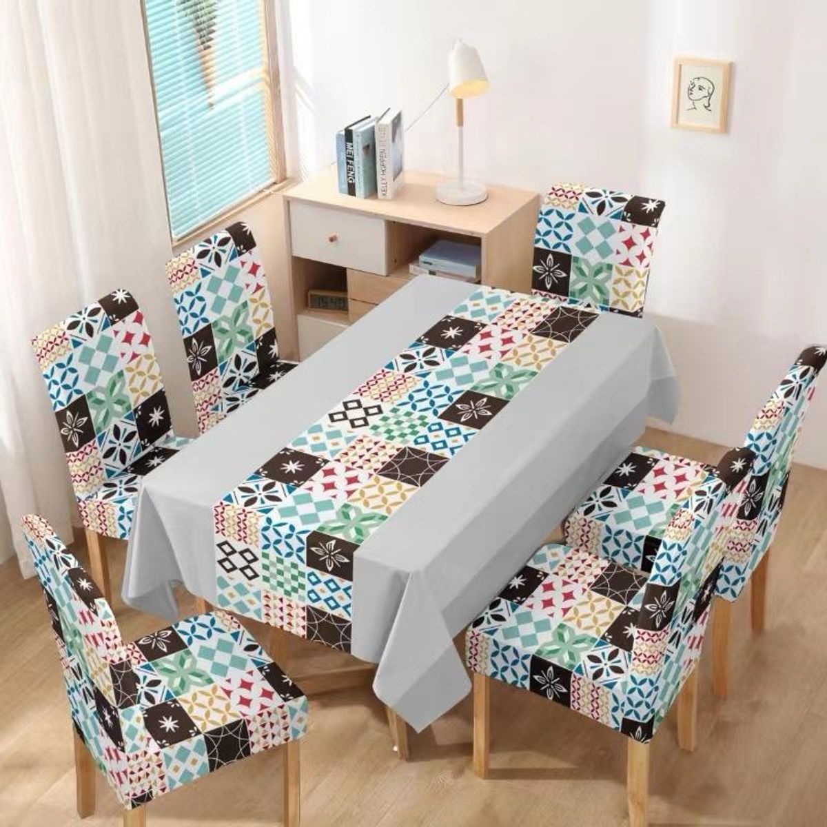 GENERICO - Mantel Antimanchas con 6 Fundas de Silla 140 x 220 cm - Gris Mosaicos