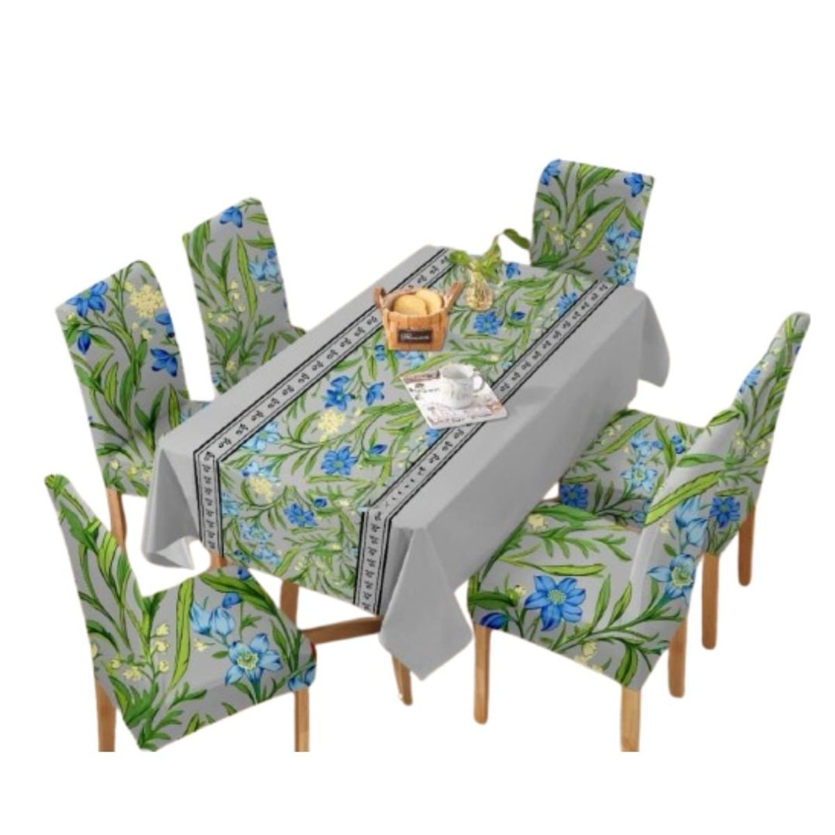 GENERICO - Mantel Antimanchas con 6 Fundas de Silla 140 x 220 cm - Flores Azules