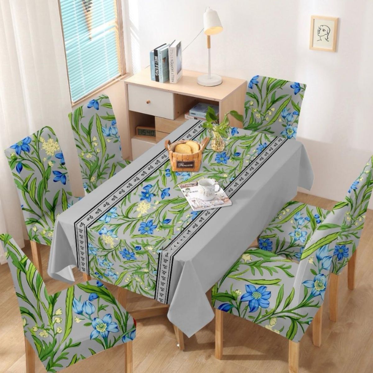 GENERICO - Mantel Antimanchas con 6 Fundas de Silla 140 x 220 cm - Flores Azules