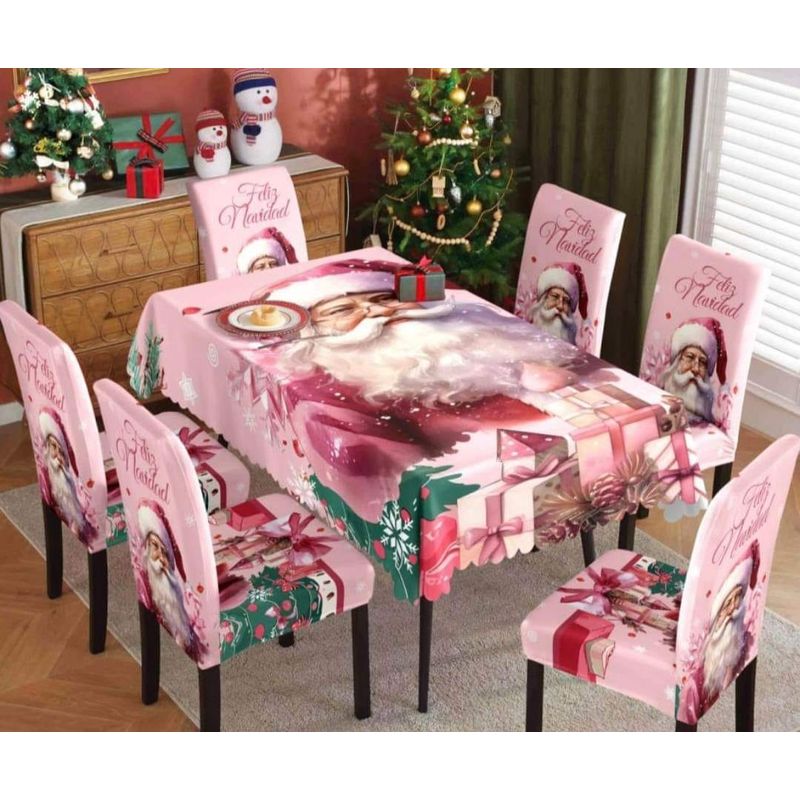 GENERICO - SET DE MANTEL MAS 6 FUNDA SILLA ROSADA DISEÑO NAVIDEÑO SANTA CLAUS MP