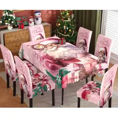 GENERICO - SET DE MANTEL MAS 6 FUNDA SILLA ROSADA DISEÑO NAVIDEÑO SANTA CLAUS MP